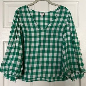 Green Check Puff Sleeve Blouse